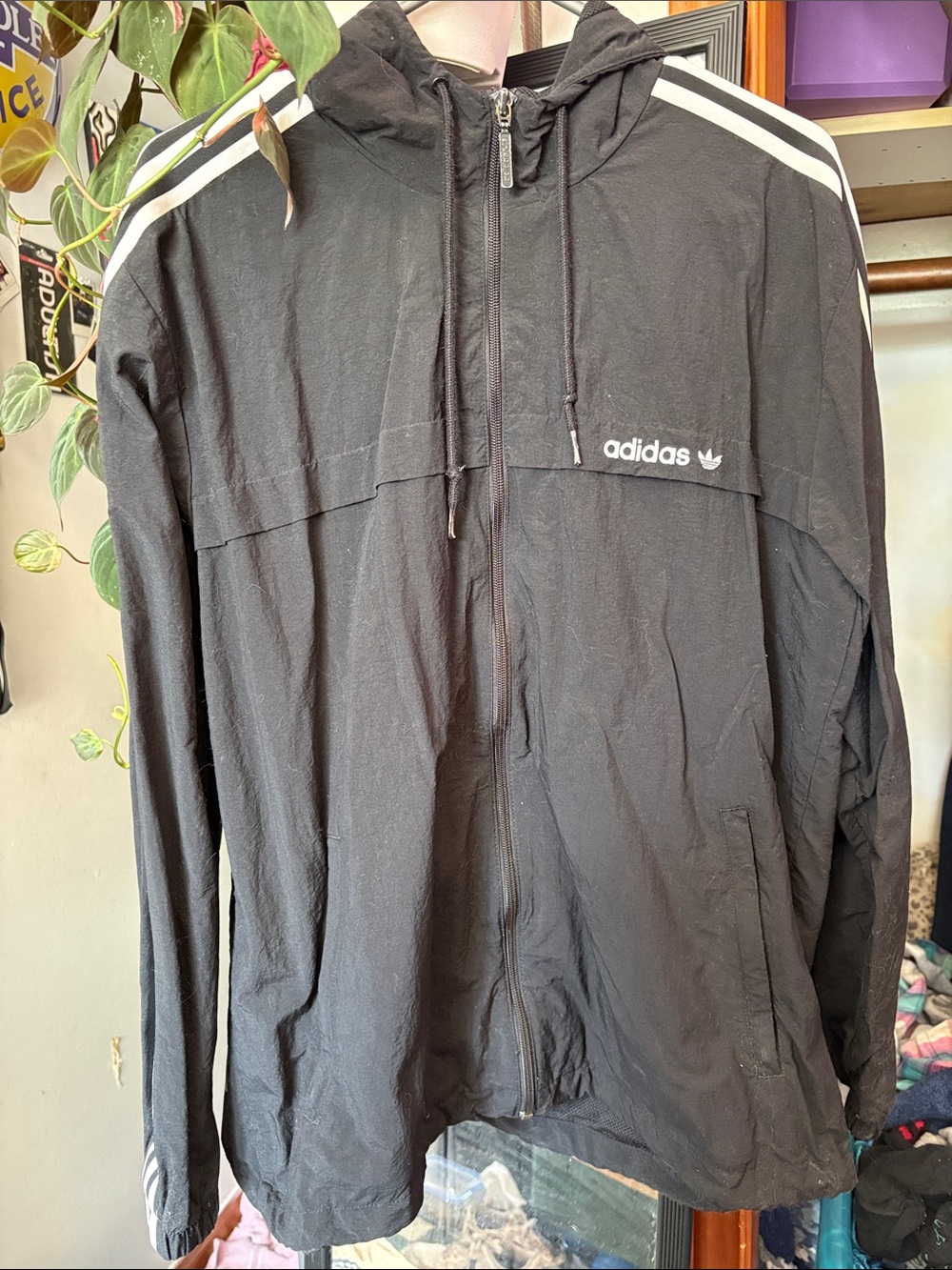 adidas Black Hooded Windbreaker with White Stripes